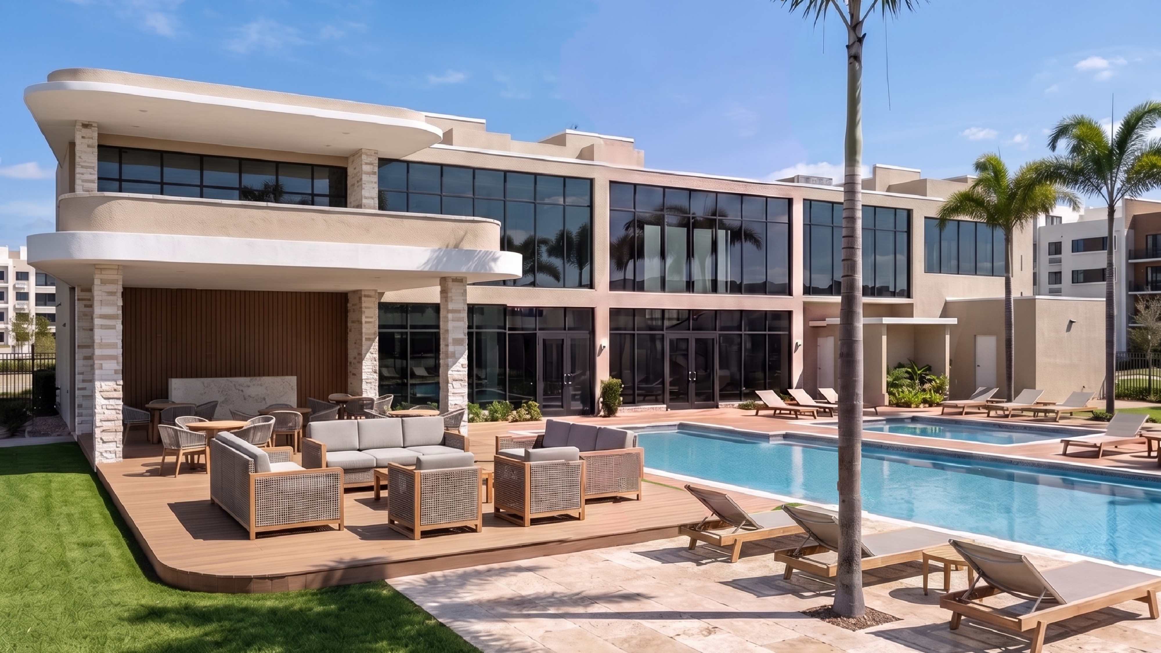 Render del área social con piscina